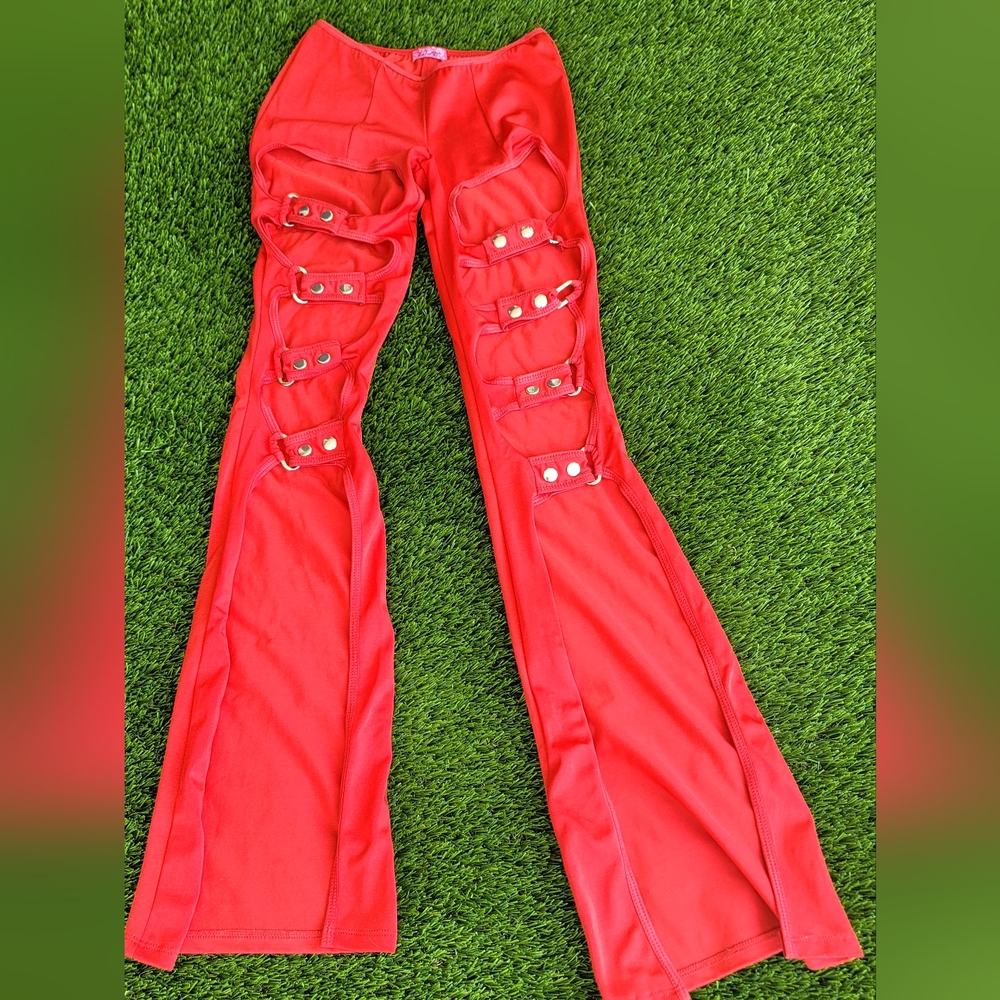 :Z.Z.Be Red Statement Pants with Buckle & Grommet Detail - Vintage Glam!